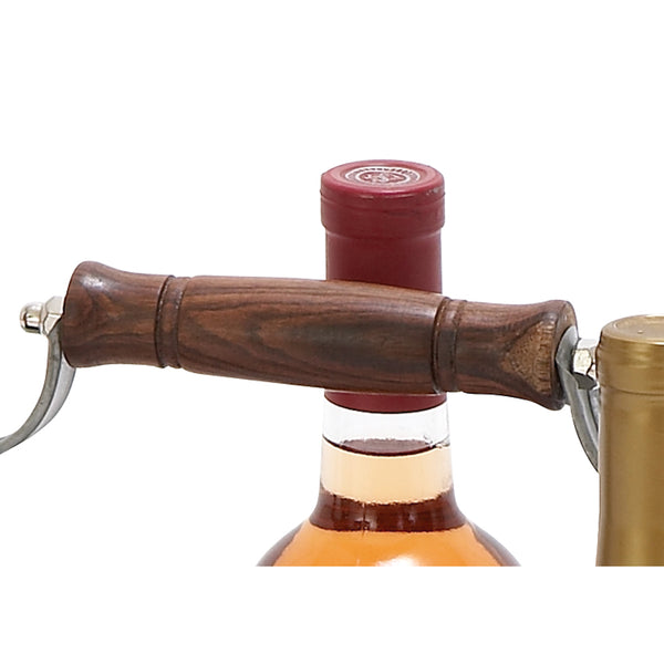 Benzara Metal Strip Wine Holder With Wooden Handle And Six Bottles Storage Gray - BM00224