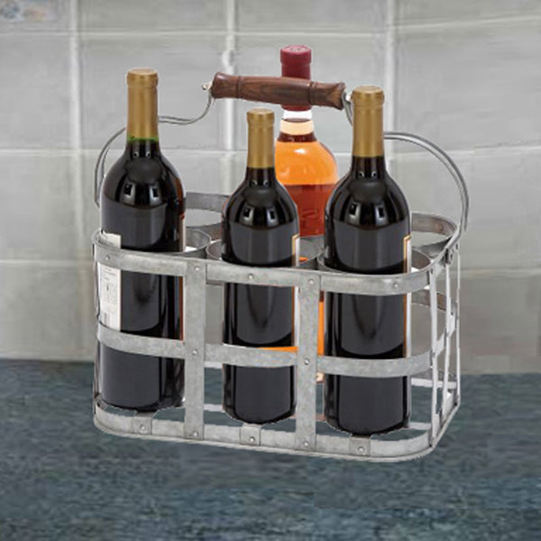benzara Metal Strip Wine Holder With Wooden Handle And Six Bottles Storage Gray - BM00224