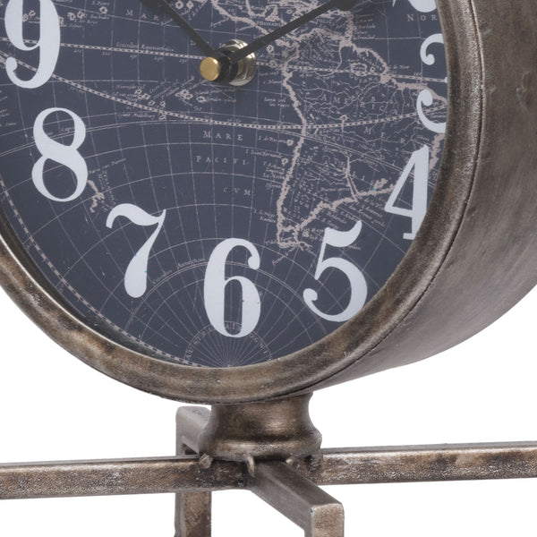 Benzara Metal Table Clock With Map Theme Background And Geometric Base Gray - BM200646