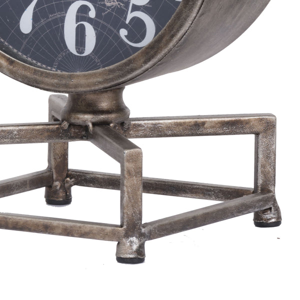 Benzara Metal Table Clock With Map Theme Background And Geometric Base Gray - BM200646