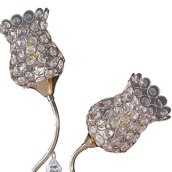 Benzara Metal Table Lamp With Floral Trumpet Shade And Crystal Accents Gold - BM233925