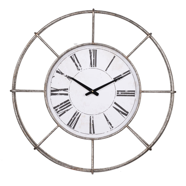 benzara Metal Wall Clock with Circle Dial and Roman Numbers Silver and White - BM200639