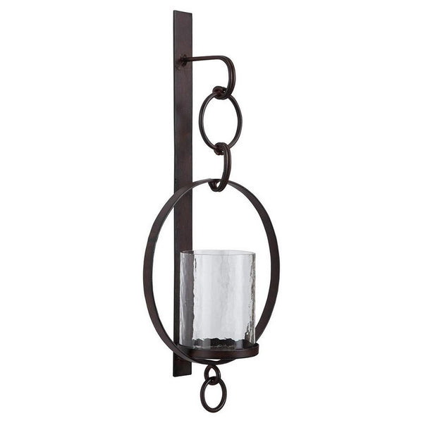 Benzara Metal Wall Sconce With Glass Hurricane And Chain Design Holder Black - BM232919