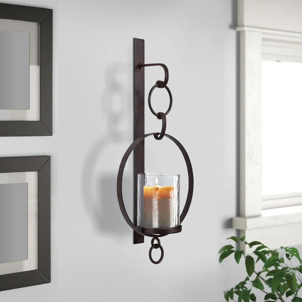 benzara Metal Wall Sconce with Glass Hurricane and Chain Design Holder Black - BM232919