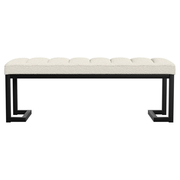 Benzara Mezza Accent Bench Tufted Ivory Boucle Fabric Black Metal 48 Inch -BM329658