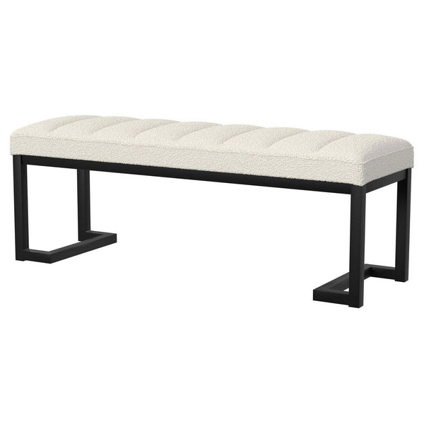 Benzara Mezza Accent Bench Tufted Ivory Boucle Fabric Black Metal 48 Inch -BM329658