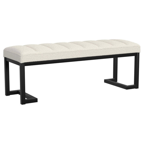benzara Mezza Accent Bench Tufted Ivory Boucle Fabric Black Metal 48 Inch -BM329658