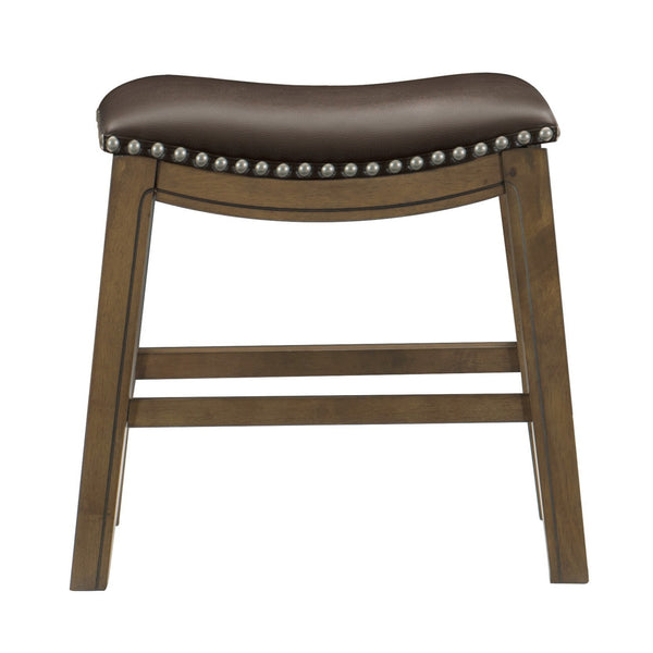 Benzara Miel 20 Inch Dining Stool Brown Faux Leather Brown Solid Wood Nailheads - BM314429