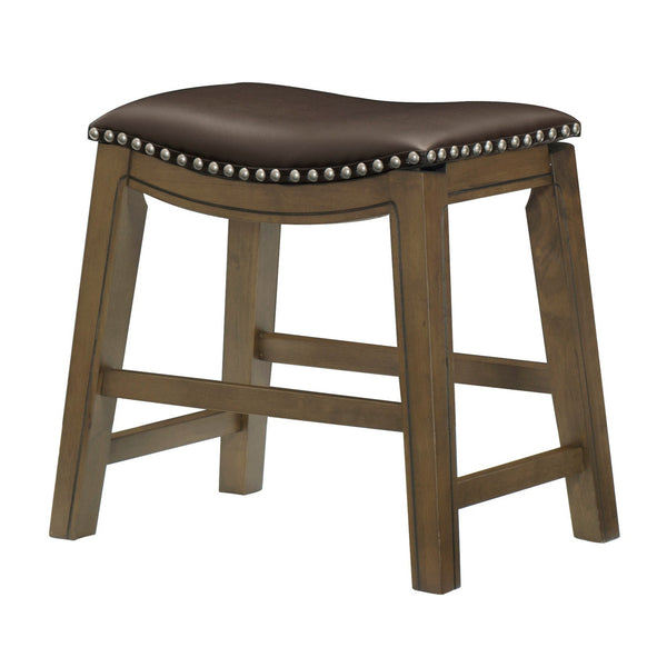 Benzara Miel 20 Inch Dining Stool Brown Faux Leather Brown Solid Wood Nailheads - BM314429