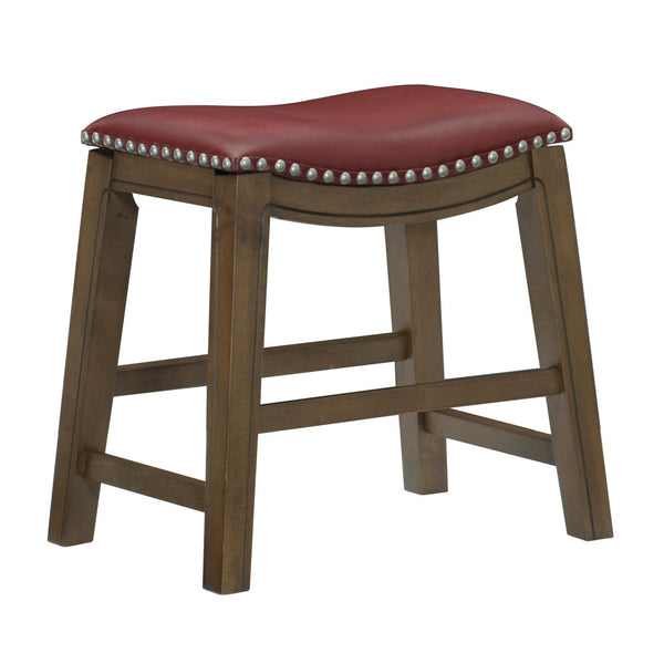 Benzara Miel 20 Inch Dining Stool Red Faux Leather Brown Solid Wood Nailheads - BM314432