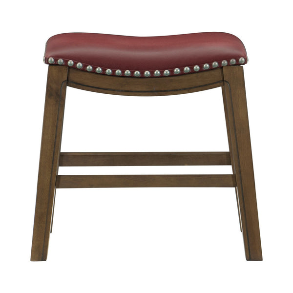 Benzara Miel 20 Inch Dining Stool Red Faux Leather Brown Solid Wood Nailheads - BM314432