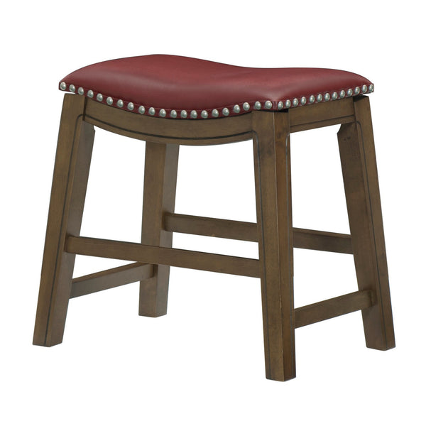 Benzara Miel 20 Inch Dining Stool Red Faux Leather Brown Solid Wood Nailheads - BM314432