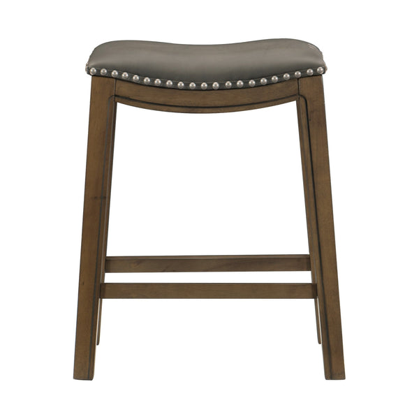 Benzara Miel 26 Inch Counter Height Stool Gray Faux Leather Seat Brown Solid Wood - BM314433
