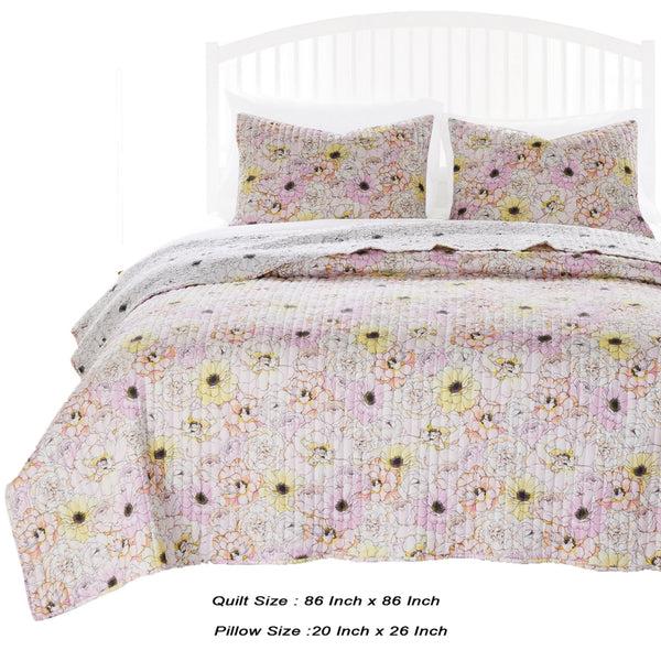 Benzara Milan 3 Piece Microfiber Blooming Flower Pattern Queen Quilt Set White And Pink - BM231048