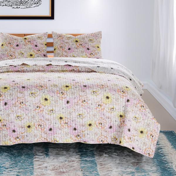 benzara Milan 3 Piece Microfiber Blooming Flower Pattern Queen Quilt Set White and Pink - BM231048
