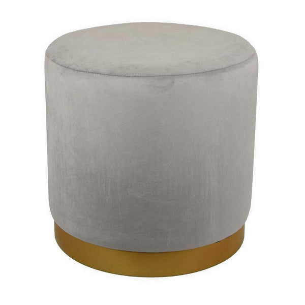 Benzara Mindy Ottoman Light Gray Velvet And Gold Metal Base Round 19 Inch -BM331110