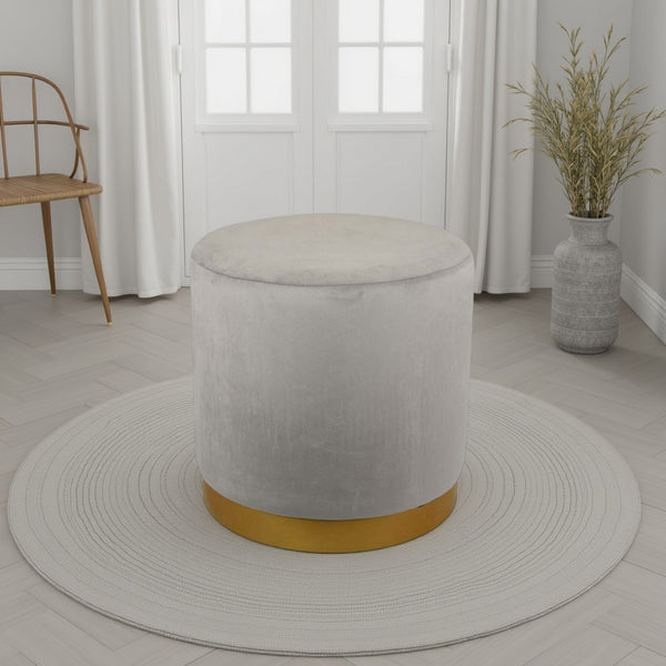 benzara Mindy Ottoman Light Gray Velvet and Gold Metal Base Round 19 Inch -BM331110