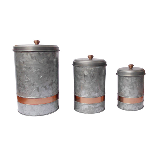 Benzara Miri Galvanized Metal Lidded Canister With Copper Band Set Of 3 Antique Gray - BM177867