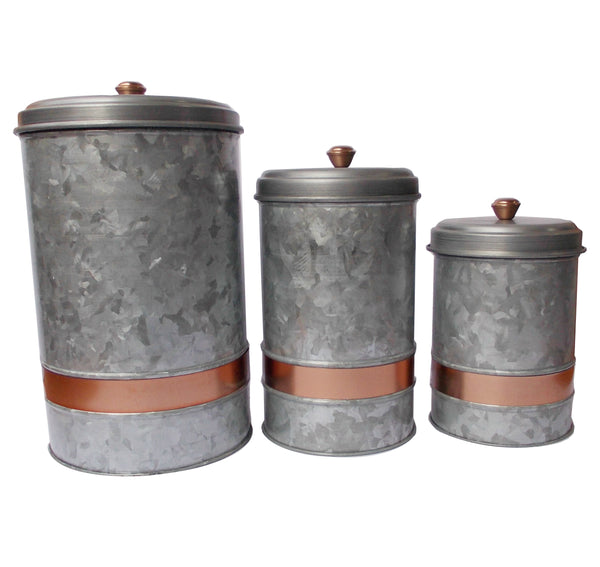 Benzara Miri Galvanized Metal Lidded Canister With Copper Band Set Of 3 Antique Gray - BM177867