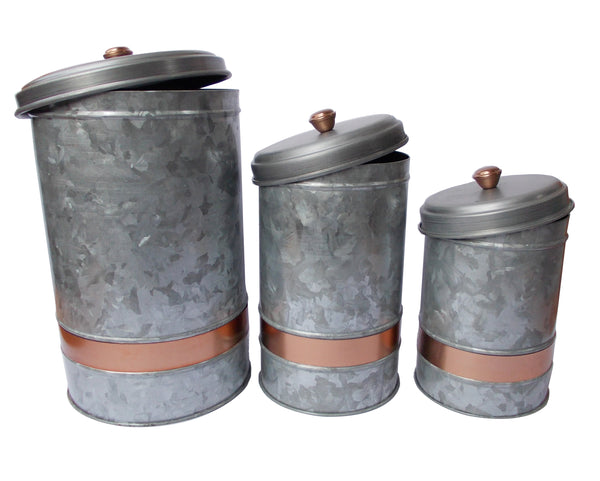 Benzara Miri Galvanized Metal Lidded Canister With Copper Band Set Of 3 Antique Gray - BM177867