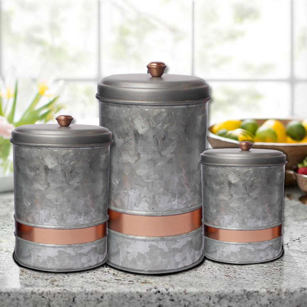 benzara Miri Galvanized Metal Lidded Canister with Copper Band Set of 3 Antique Gray - BM177867