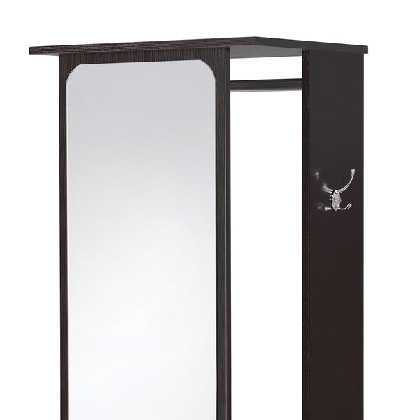 Benzara Mirror And Wood Hall Tree With Hanging Rod And Casters In Brown And Silver - BM211137