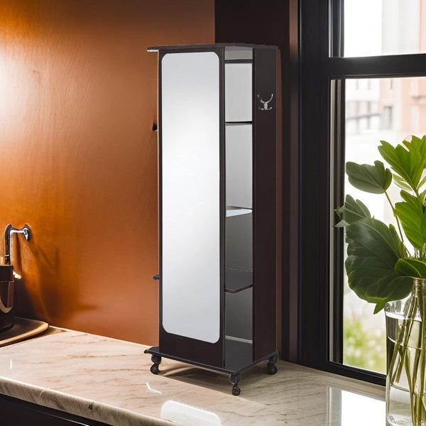 benzara Mirror and Wood Hall Tree with Hanging Rod and Casters in Brown and Silver - BM211137