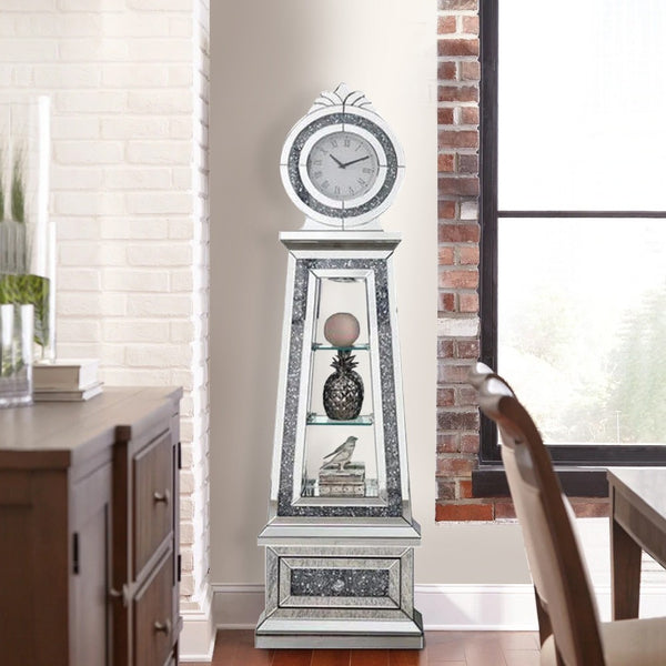 benzara Mirrored Grandfather Clock with 3 Open Compartments Silver - BM269090