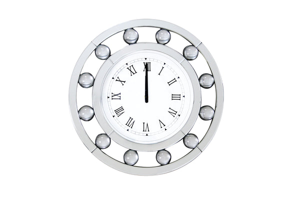 benzara Mirrored Round Shape Wooden Wall Clock White