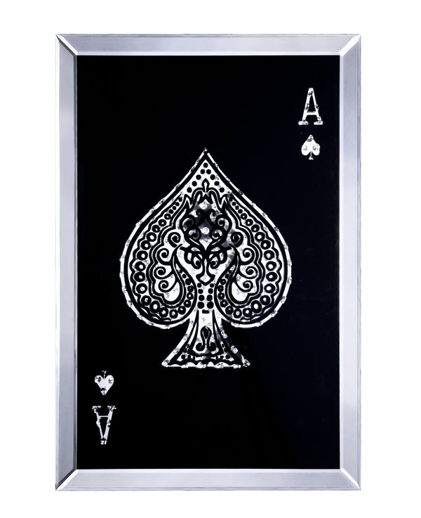 benzara Mirrored Wall Art with Ace Design and Faux Crystals Inlay Silver and Black - BM196001
