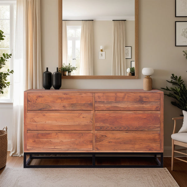 Benzara Modern Acacia Wood Dresser Or Display Unit With Metal Base Walnut Brown And Black - UPT-182996