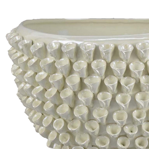 Benzara Modern Decorative Bowl 3D Texture Embellished White Ceramic 14 Inch -BM330968