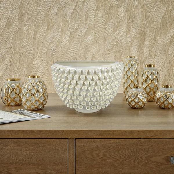 benzara Modern Decorative Bowl 3D Texture Embellished White Ceramic 14 Inch -BM330968