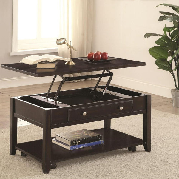 benzara Modern Lift Top Wooden Coffee Table With Storage & Shelf Walnut Brown