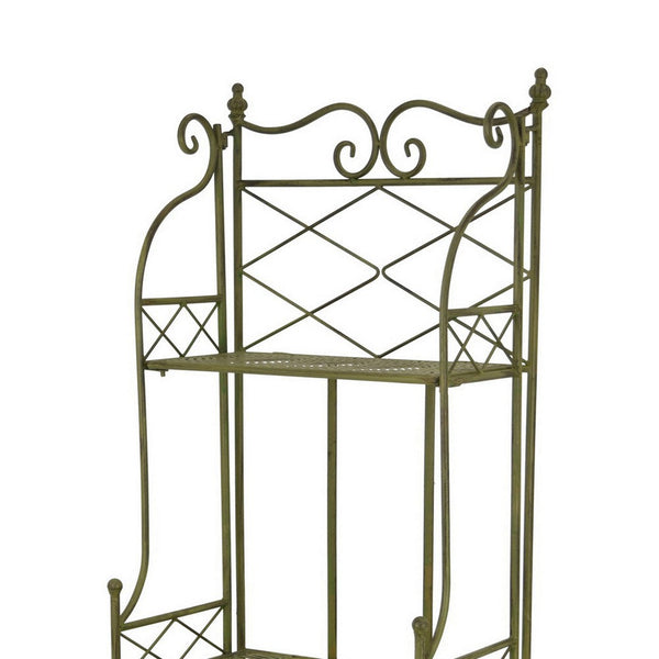 Benzara Monty Plant Stand 3 Tier Shelves Classic Scrolled Green Metal 44 Inch -BM330106