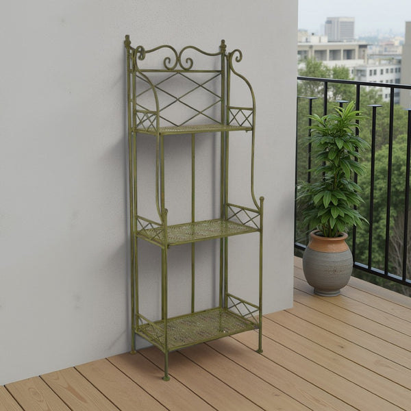 benzara Monty Plant Stand 3 Tier Shelves Classic Scrolled Green Metal 44 Inch -BM330106