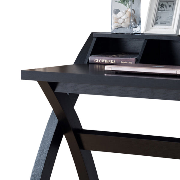 Benzara Multifunctional Wooden Desk With Electric Outlet And Trestle Base Black - BM196198