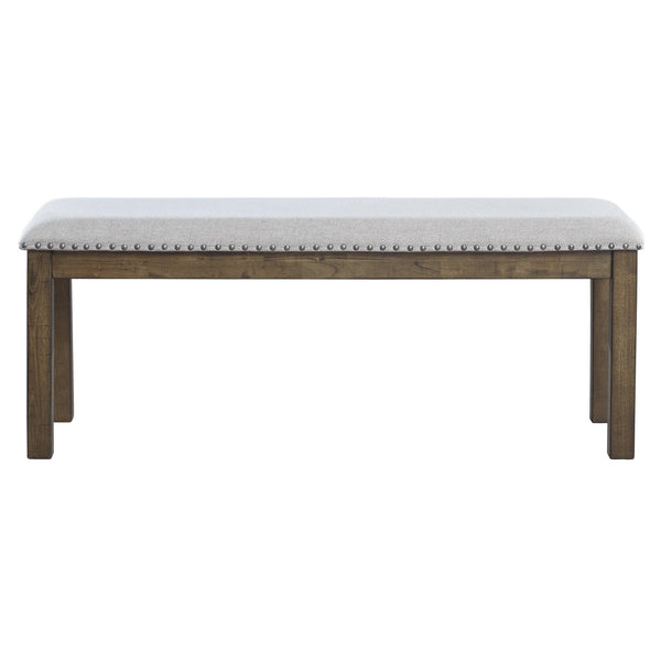 Benzara Nailhead Trim Wooden Dining Bench With Fabric Upholstery In Brown And Gray - BM213393