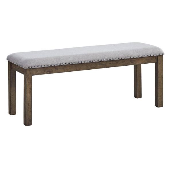benzara Nailhead Trim Wooden Dining Bench with Fabric Upholstery in Brown and Gray - BM213393