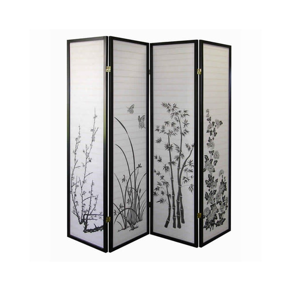 Benzara Naturistic Print Wood And Paper 4 Panel Room Divider White And Black - BM96093