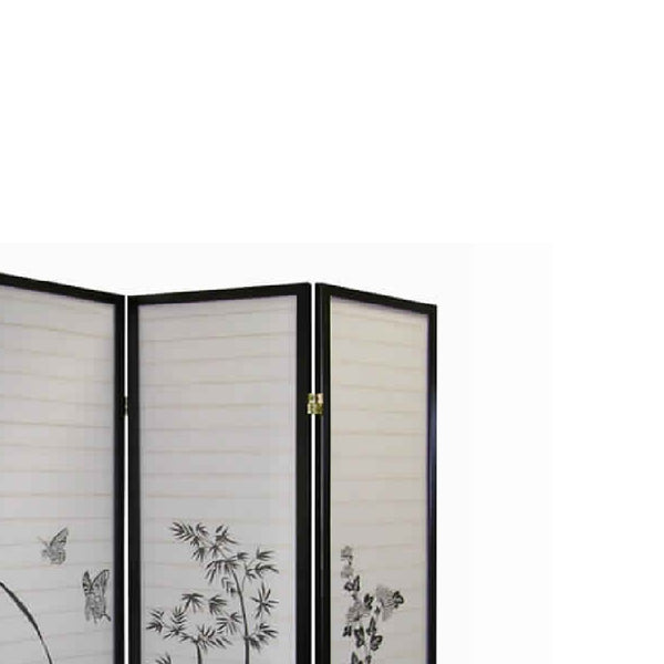 Benzara Naturistic Print Wood And Paper 4 Panel Room Divider White And Black - BM96093