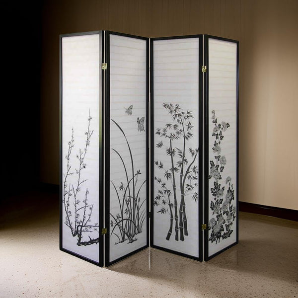 benzara Naturistic Print Wood and Paper 4 Panel Room Divider White and Black - BM96093