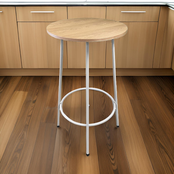 benzara Neni 42 Inch Bar Table Round Natural Brown Wood Top Modern White Metal - BM313538