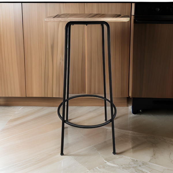 benzara Neni 42 Inch Bar Table Round Natural Brown Wood Top Modern Black Metal - BM313537