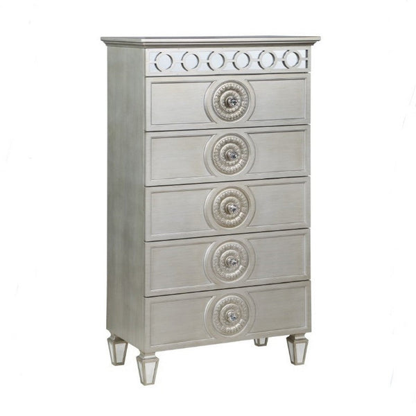 benzara Nic 54 Inch Modern Tall Dresser Chest 5 Drawers Round Knobs Silver - BM275684