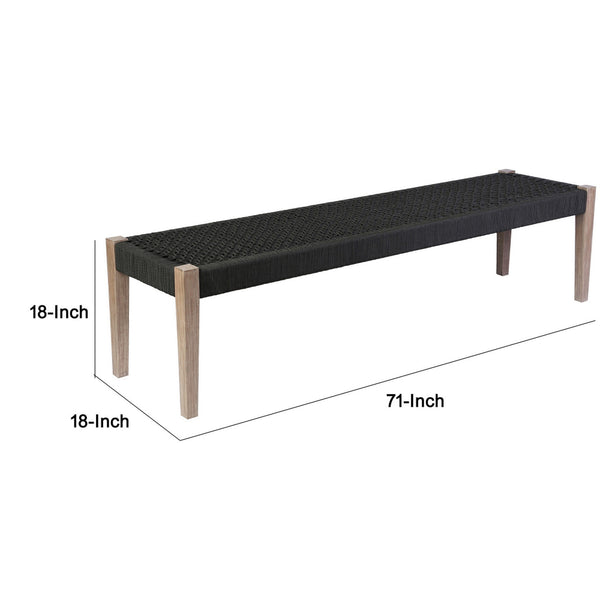Benzara Nif 71 Inch Rectangular Dining Bench Rope Woven Top Tapered Legs Black - BM295613