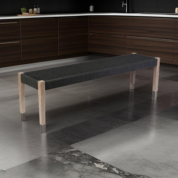 benzara Nif 71 Inch Rectangular Dining Bench Rope Woven Top Tapered Legs Black - BM295613