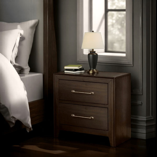 benzara Nightstand with 2 Drawers and Metal Bar Pulls Walnut Brown - BM241943
