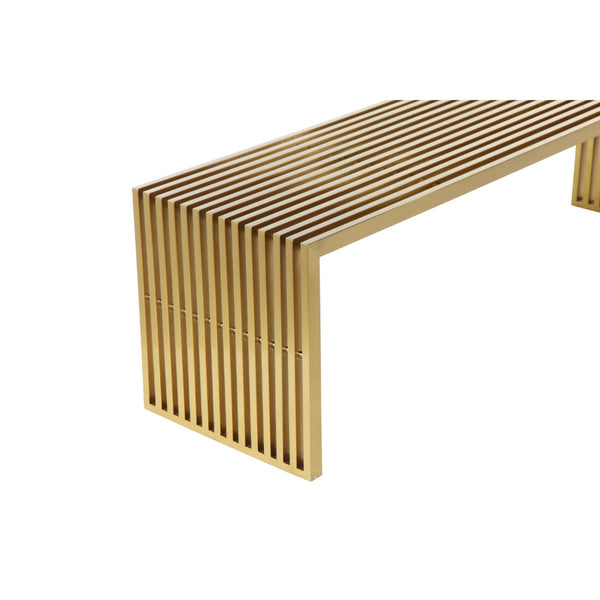 Benzara Niki 55 Inch Accent Bench Slatted Rectangular Luxurious Brushed Gold - BM314974