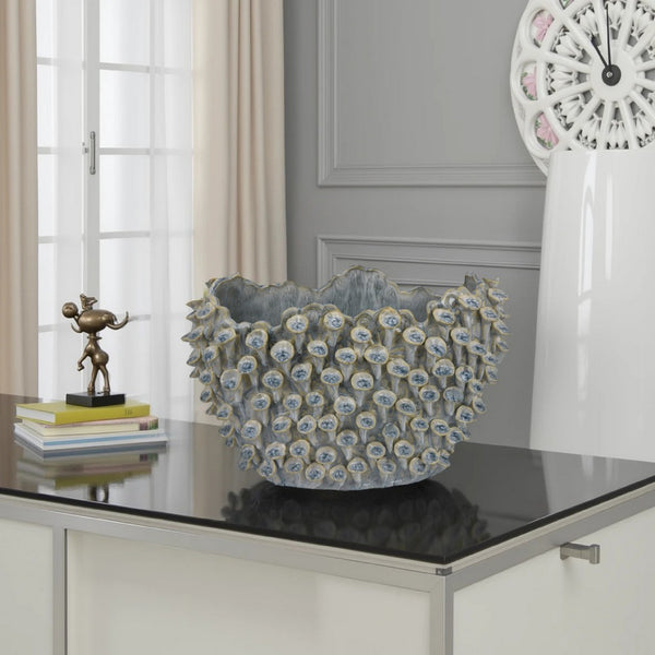 benzara Nina Decorative Bowl Light Blue Coral Textured Gray Ceramic 14 Inch -BM331048